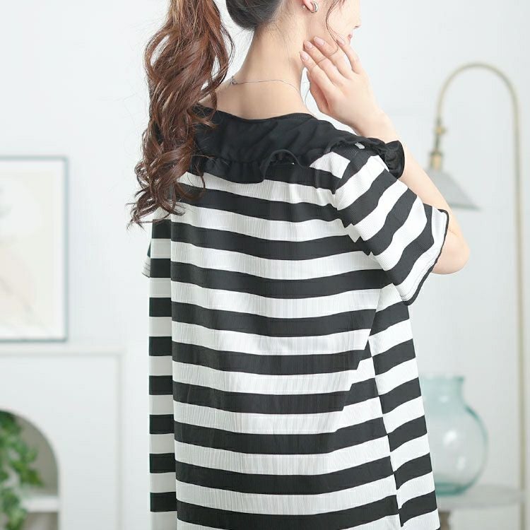 大きいサイズ レディース フリル襟ボーダーチュニックワンピース　goldy-1679【メール便可】