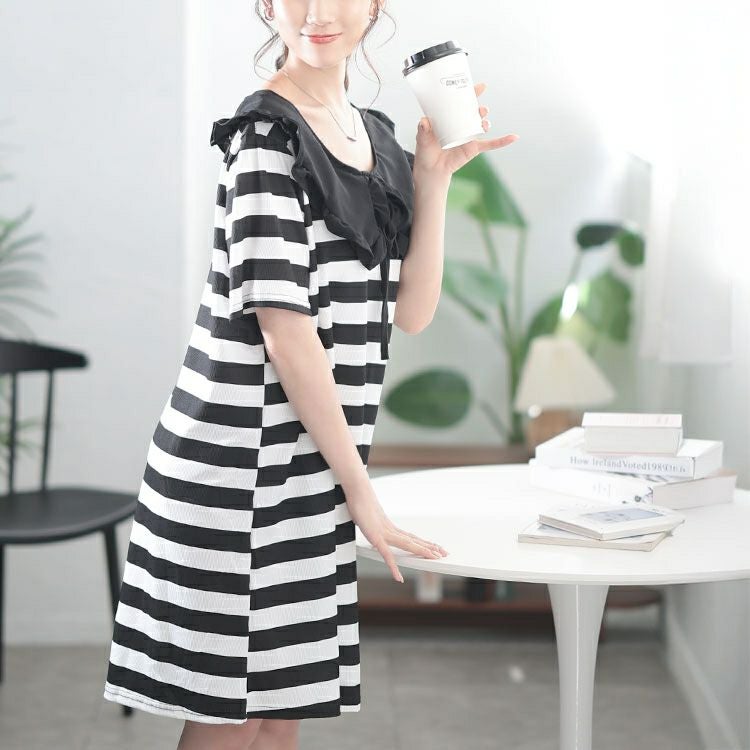 大きいサイズ レディース フリル襟ボーダーチュニックワンピース　goldy-1679【メール便可】