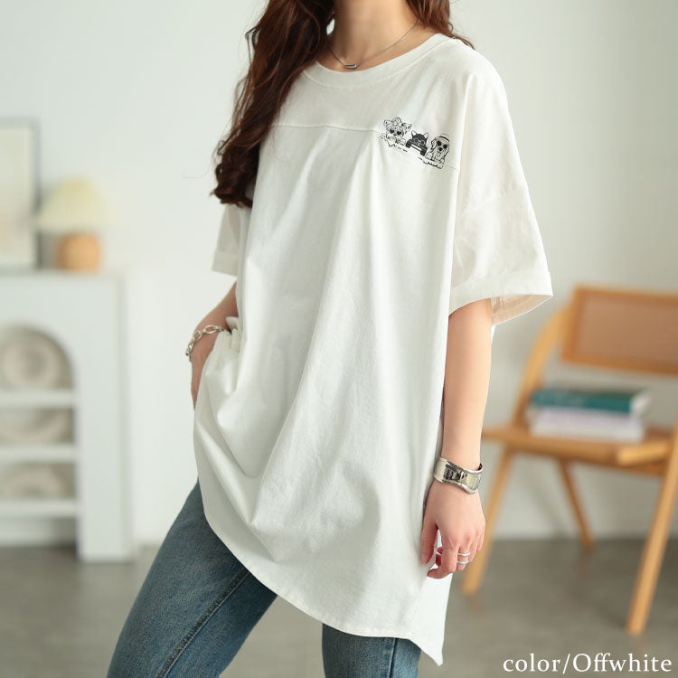 大きいサイズ レディース ドッグプリントコットンチュニックTシャツ　cros-130451【メール便可】