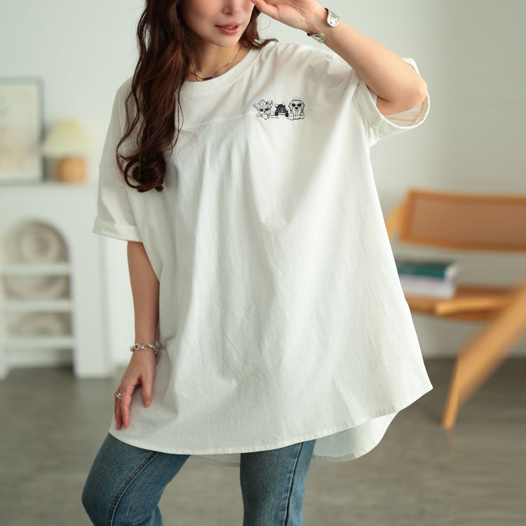 大きいサイズ レディース ドッグプリントコットンチュニックTシャツ　cros-130451【メール便可】