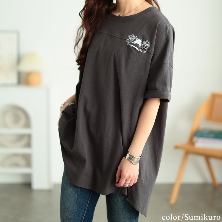 大きいサイズ レディース ドッグプリントコットンチュニックTシャツ　cros-130451【メール便可】