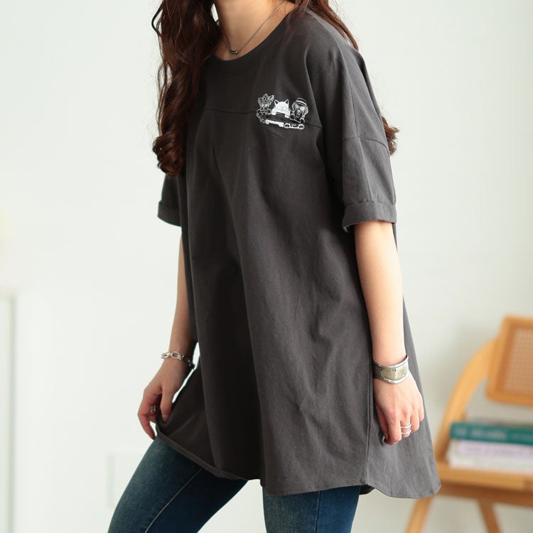 大きいサイズ レディース ドッグプリントコットンチュニックTシャツ　cros-130451【メール便可】