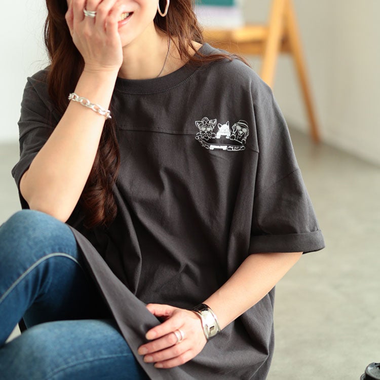 大きいサイズ レディース ドッグプリントコットンチュニックTシャツ　cros-130451【メール便可】