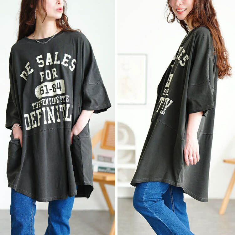 大きいサイズ レディース ロゴプリントコットンチュニックTシャツ　cros-130468