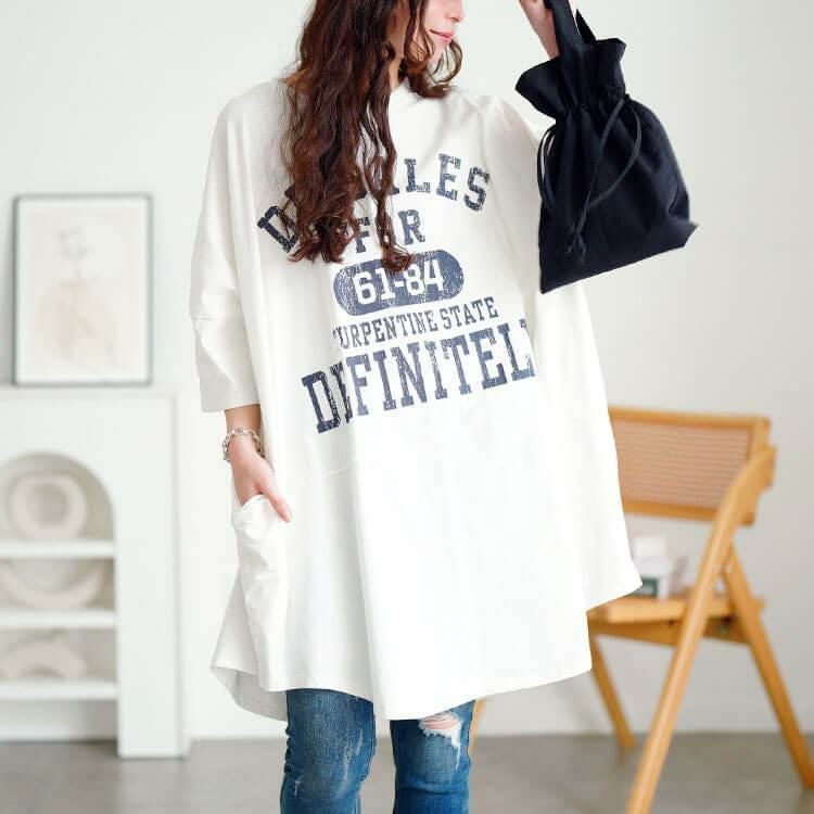 大きいサイズ レディース ロゴプリントコットンチュニックTシャツ　cros-130468 オフホワイト