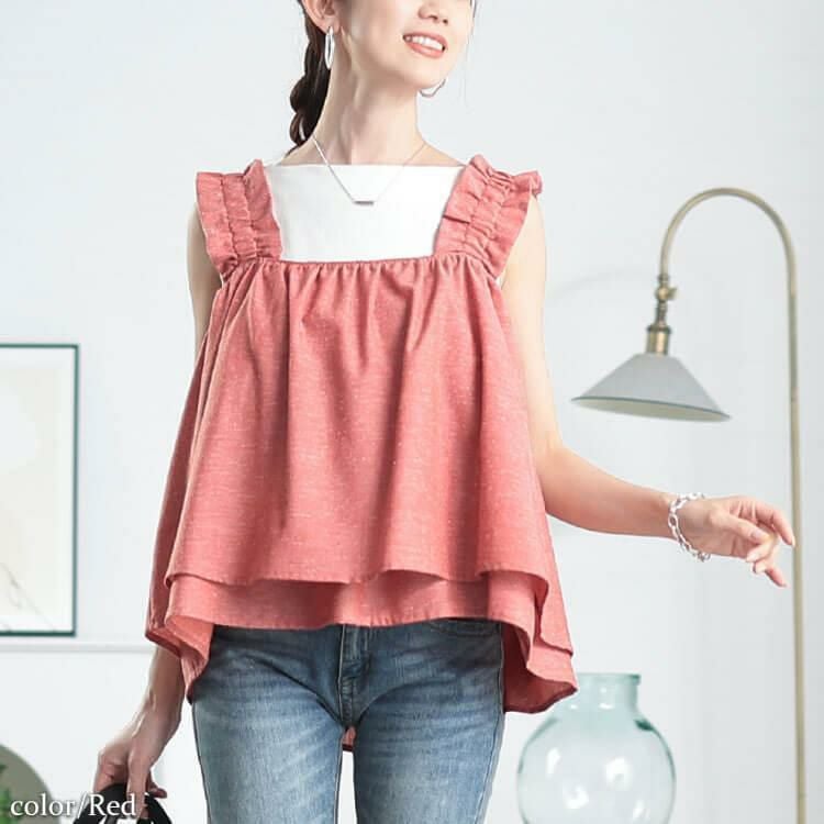 大きいサイズ レディース 接触冷感＆UVカットフリル肩紐フレアキャミソール　cpdai-640815【メール便可】 レッド