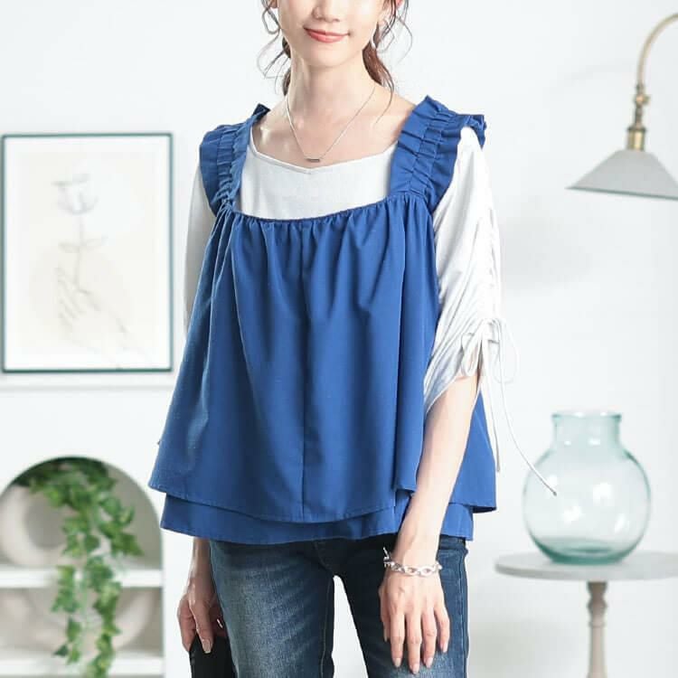 大きいサイズ レディース 接触冷感＆UVカットフリル肩紐フレアキャミソール　cpdai-640815【メール便可】 ブルー