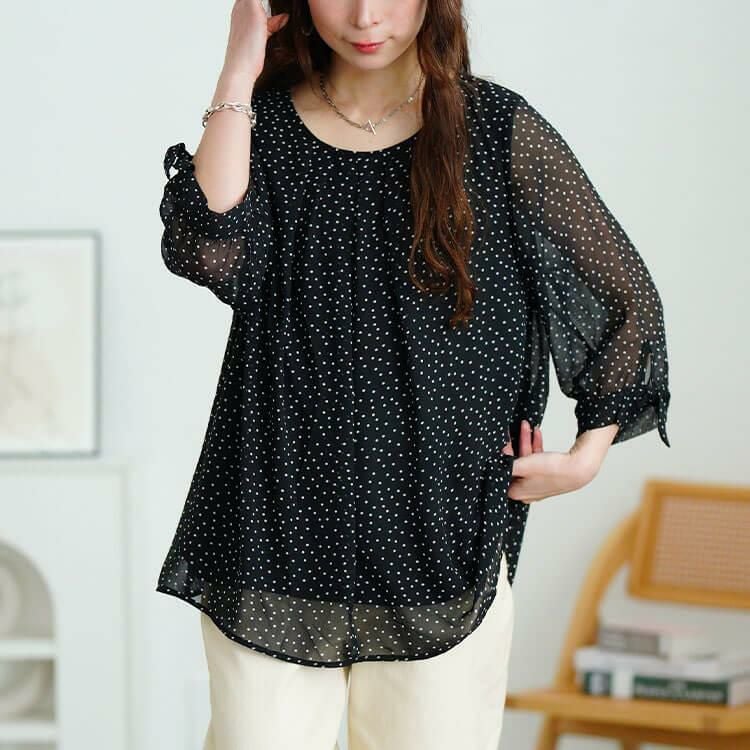 大きいサイズ レディース ドットシフォンタックブラウス　cpdai-659816【メール便可】 ブラック