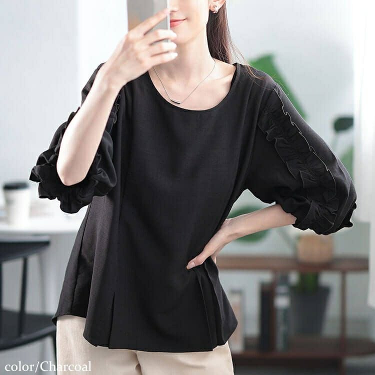 大きいサイズ レディース 接触冷感＆UVカットフリル袖タックペプラムプルオーバー　cpdai-640798