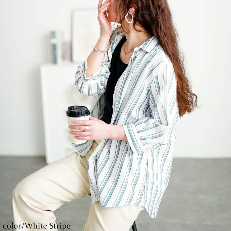 大きいサイズ レディース 接触冷感＆UVカット＆洗濯速乾ストライプシャツ　cpdai-640809【メール便可】