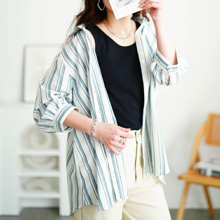 大きいサイズ レディース 接触冷感＆UVカット＆洗濯速乾ストライプシャツ　cpdai-640809【メール便可】