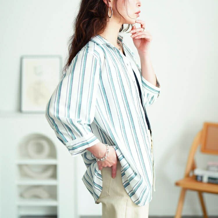 大きいサイズ レディース 接触冷感＆UVカット＆洗濯速乾ストライプシャツ　cpdai-640809【メール便可】