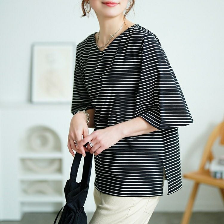 大きいサイズ レディース 抗菌防臭＆接触冷感ボーダーフレアスリーブカットソー　cpdai-659845【メール便可】