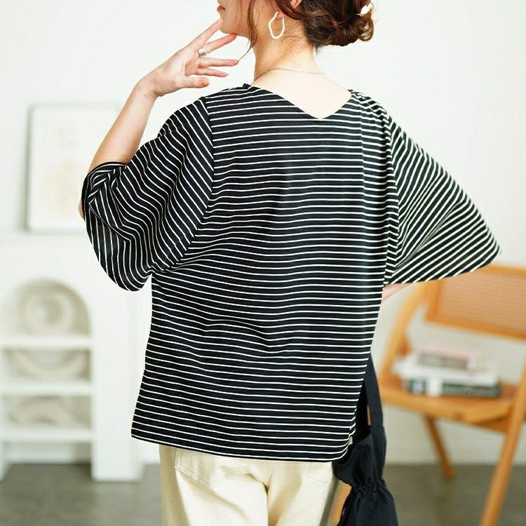 大きいサイズ レディース 抗菌防臭＆接触冷感ボーダーフレアスリーブカットソー　cpdai-659845【メール便可】