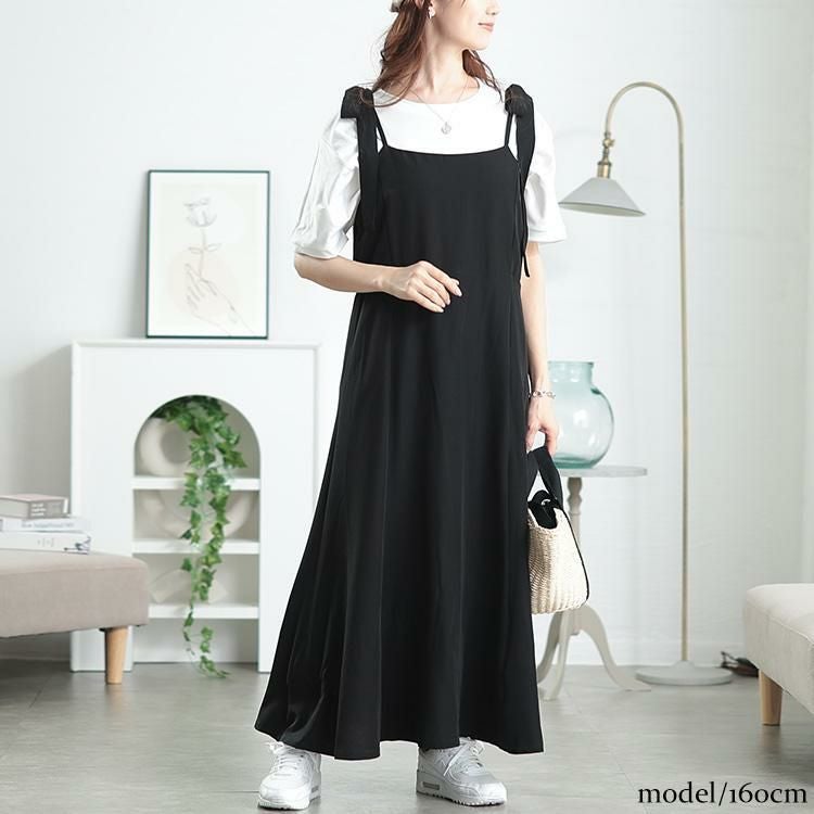 大きいサイズ レディース 取り外し肩リボン楊柳キャミワンピース　maru-30150 ブラック