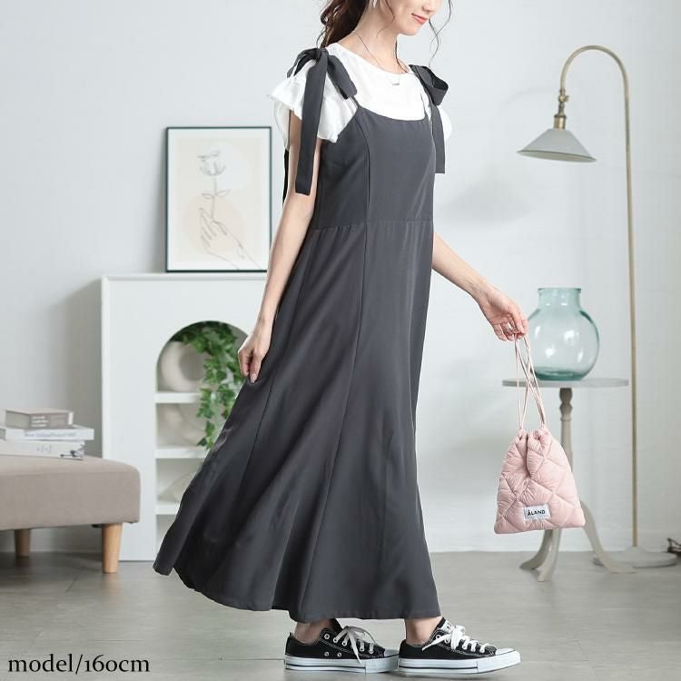 大きいサイズ レディース 取り外し肩リボン楊柳キャミワンピース　maru-30150 グレー