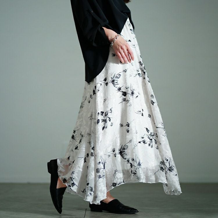 大きいサイズ レディース 花柄シフォンジャガードフレアスカート　maru-30140