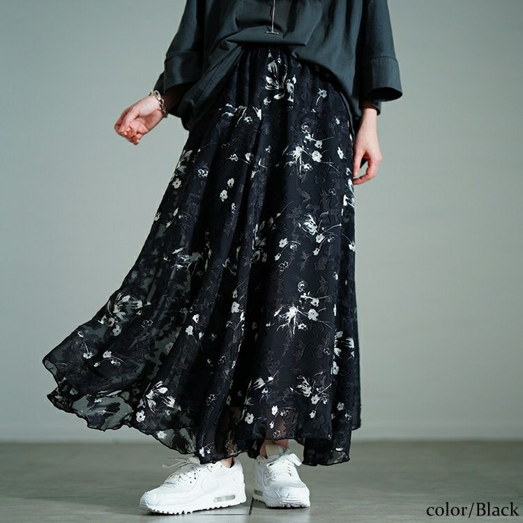 大きいサイズ レディース 花柄シフォンジャガードフレアスカート maru