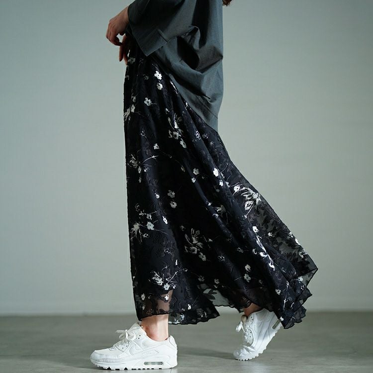 大きいサイズ レディース 花柄シフォンジャガードフレアスカート maru