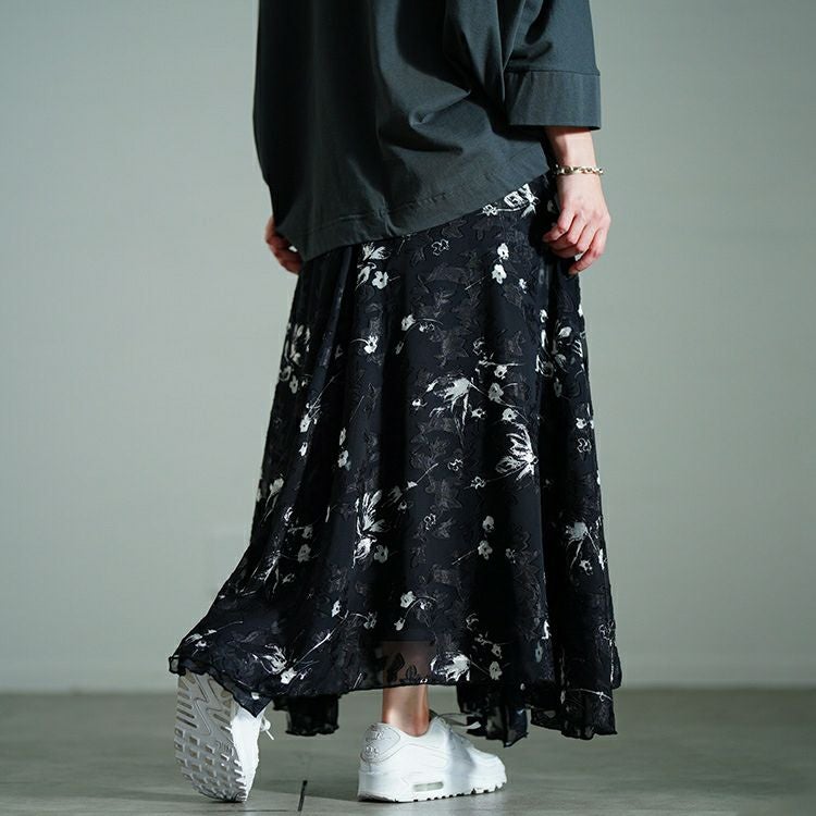 yokang ヨーカン シルク混 ロング丈　花柄フレアスカート　沖縄　日本製 大きいサイズ レディース 花柄シフォンジャガードフレアスカート maru
