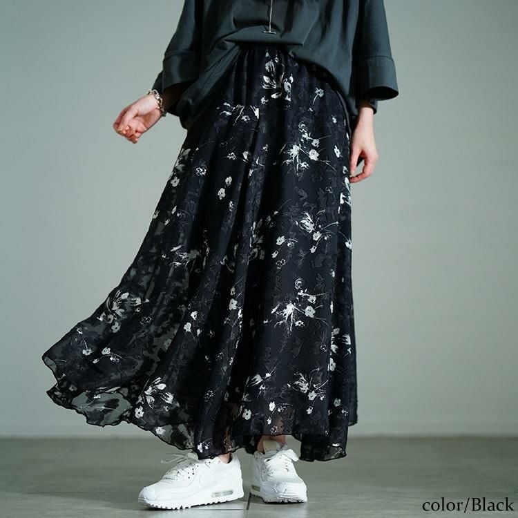 大きいサイズ レディース 花柄シフォンジャガードフレアスカート　maru-30140 ブラック