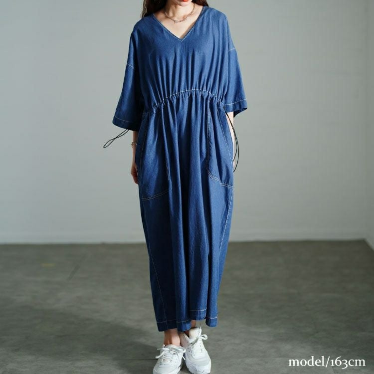 大きいサイズ レディース コットンデニムウエストドロストワンピース　gold-0113