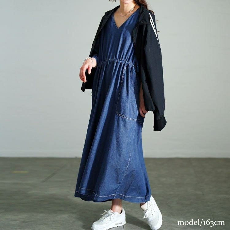 大きいサイズ レディース コットンデニムウエストドロストワンピース　gold-0113