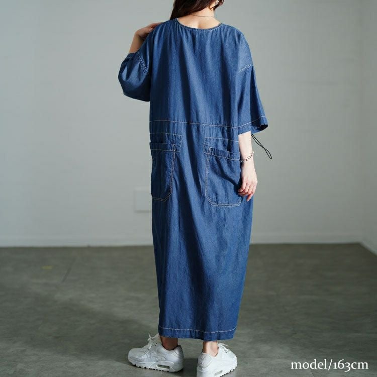 大きいサイズ レディース コットンデニムウエストドロストワンピース　gold-0113