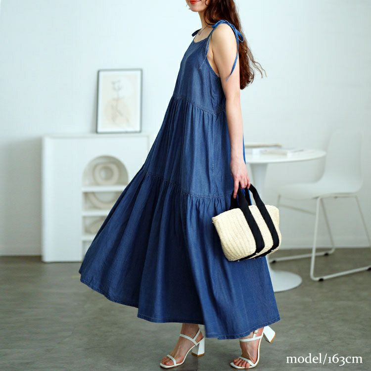 大きいサイズ レディース コットンデニムティアードキャミワンピース　gold-0112
