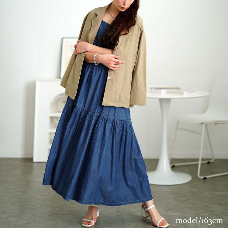 大きいサイズ レディース コットンデニムティアードキャミワンピース　gold-0112