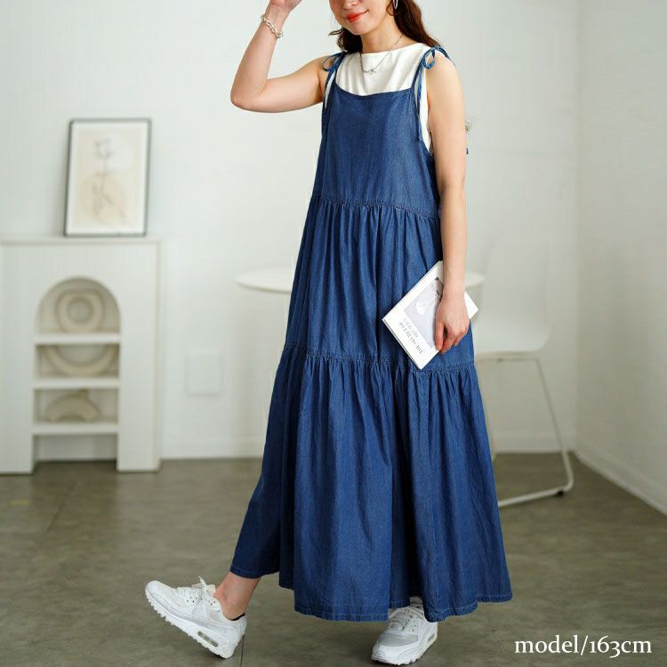 大きいサイズ レディース コットンデニムティアードキャミワンピース　gold-0112