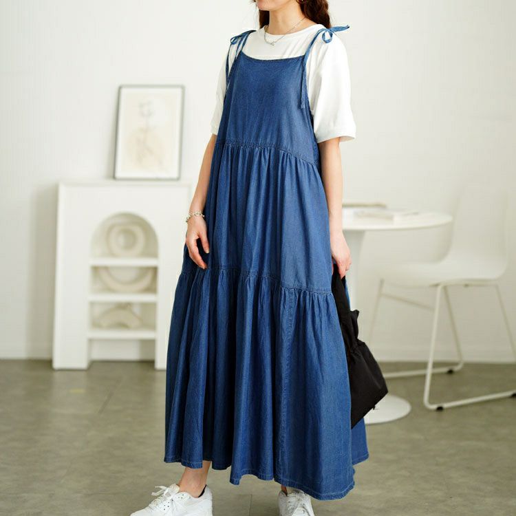 大きいサイズ レディース コットンデニムティアードキャミワンピース　gold-0112