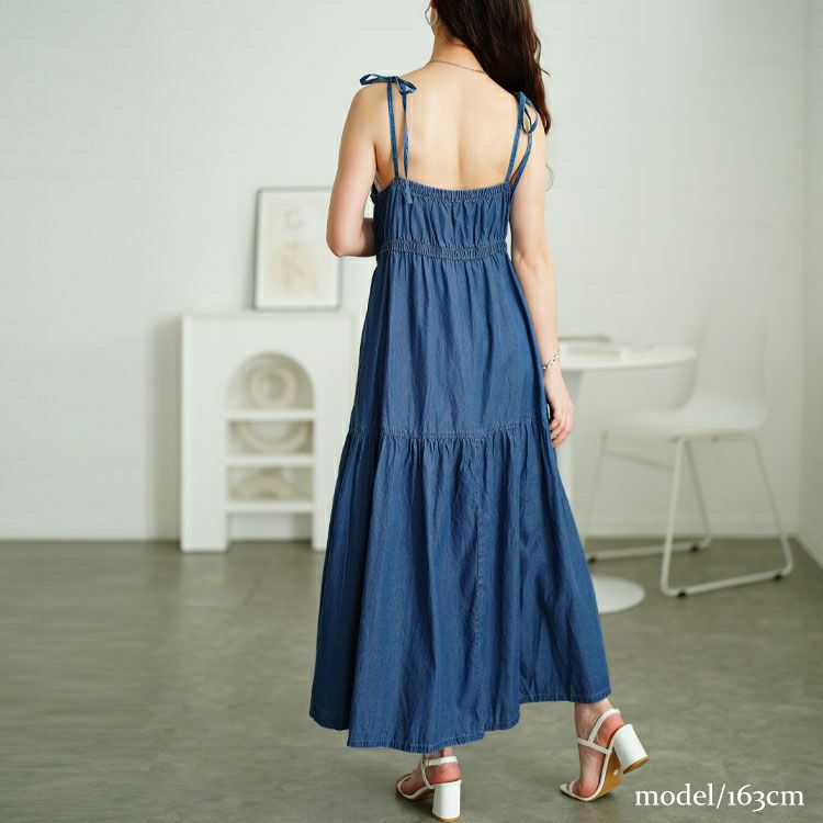 大きいサイズ レディース コットンデニムティアードキャミワンピース　gold-0112