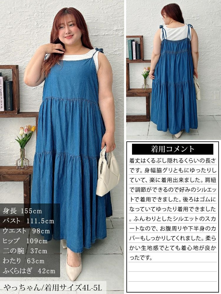 大きいサイズ レディース コットンデニムティアードキャミワンピース　gold-0112