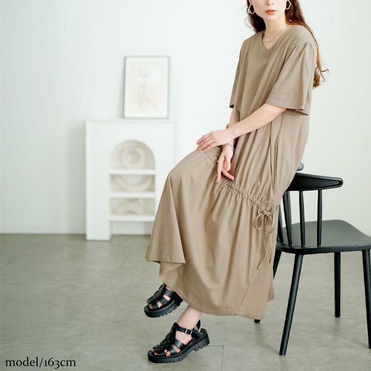 大きいサイズ レディース ドロストマーメイドコットンワンピース　wk-0518 グレーベージュ