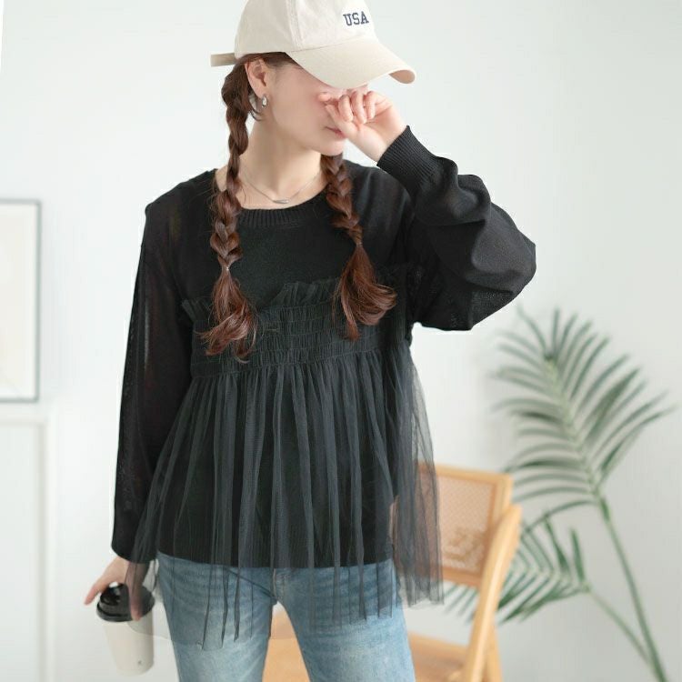 大きいサイズ レディース ビスチェ風チュールドッキングサマーニット　sum-0004