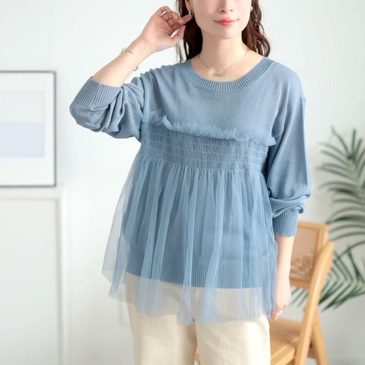 大きいサイズ レディース ビスチェ風チュールドッキングサマーニット　sum-0004 ブルーグレー