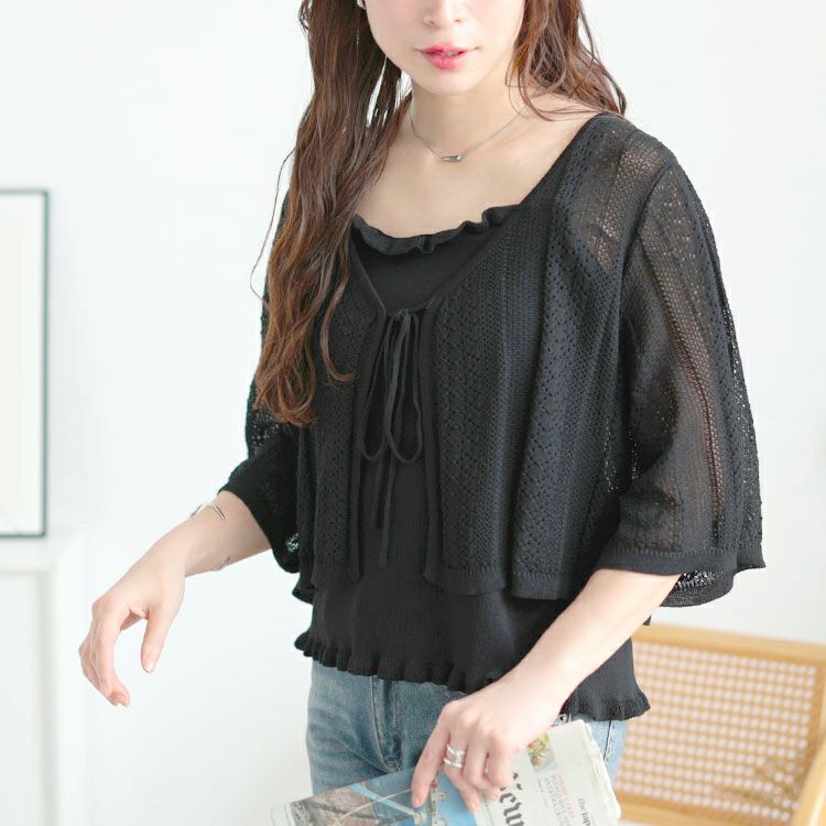 大きいサイズ レディース 透かし編みボレロ＆ショート丈キャミセット　sum-0003