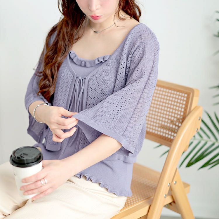 大きいサイズ レディース 透かし編みボレロ＆ショート丈キャミセット　sum-0003