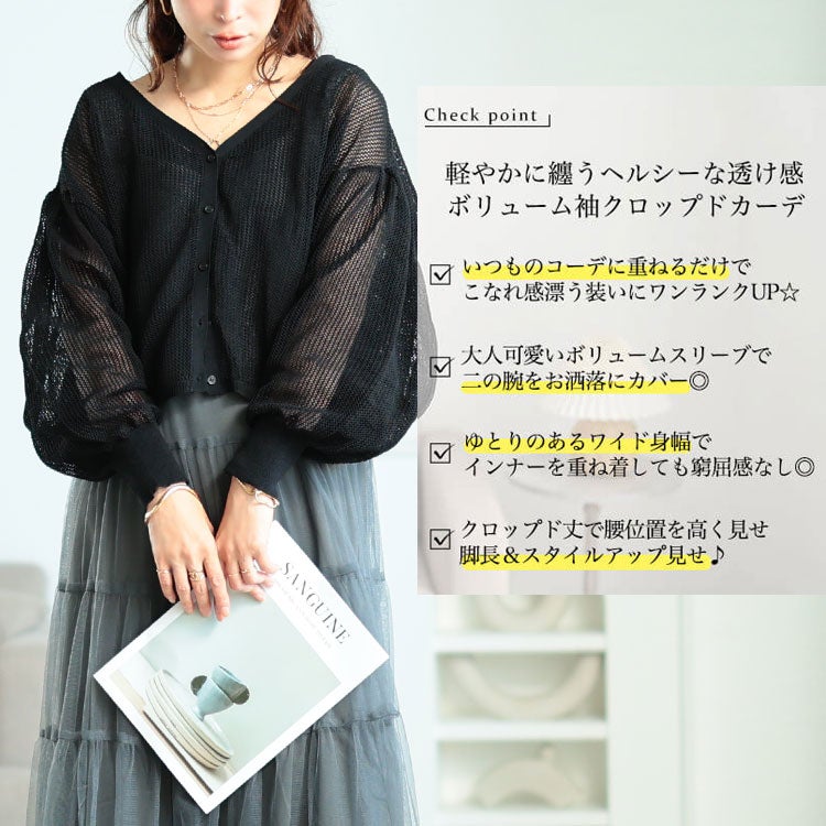 大きいサイズ レディース メッシュ編みボリューム袖ショート丈カーディガン　sum-0005