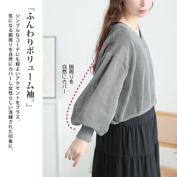 大きいサイズ レディース メッシュ編みボリューム袖ショート丈カーディガン　sum-0005