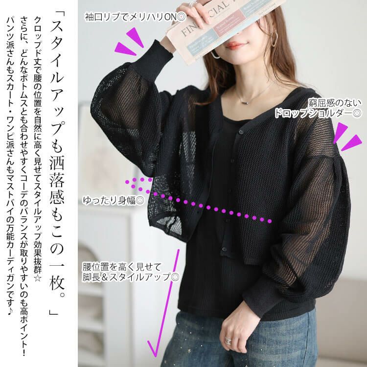 大きいサイズ レディース メッシュ編みボリューム袖ショート丈カーディガン　sum-0005