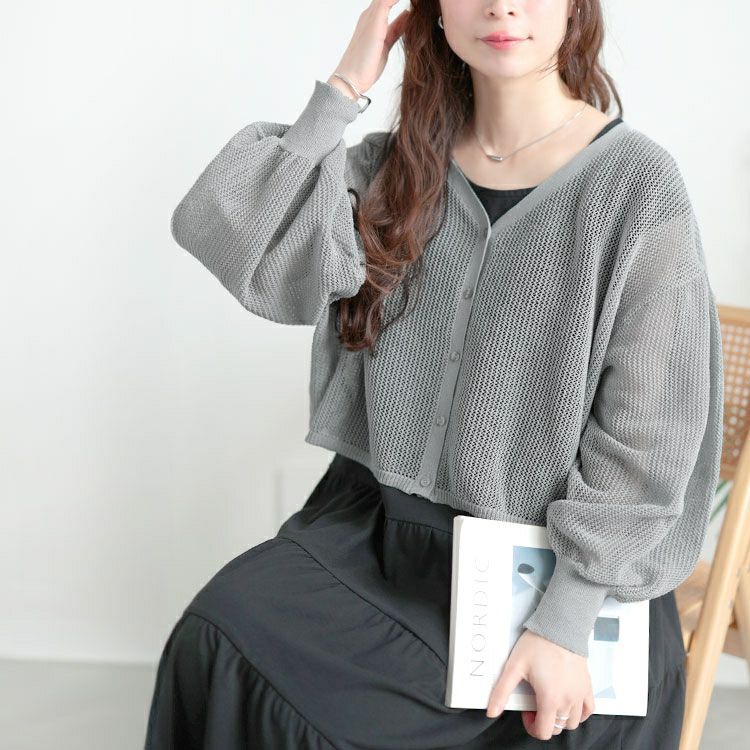 大きいサイズ レディース メッシュ編みボリューム袖ショート丈カーディガン　sum-0005