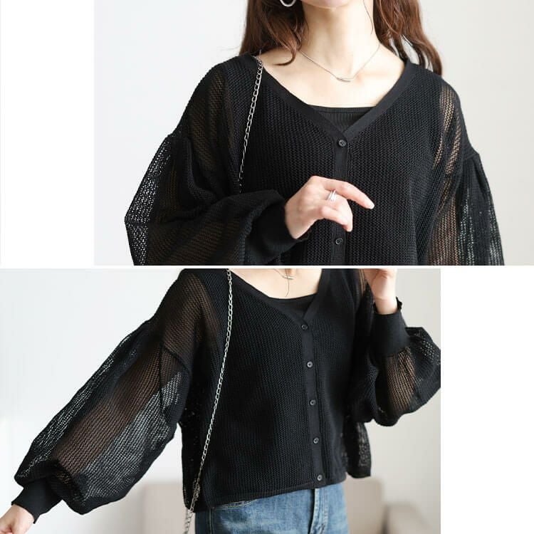 大きいサイズ レディース メッシュ編みボリューム袖ショート丈カーディガン　sum-0005