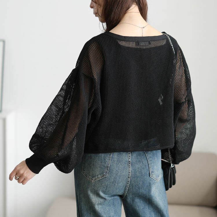 大きいサイズ レディース メッシュ編みボリューム袖ショート丈カーディガン　sum-0005