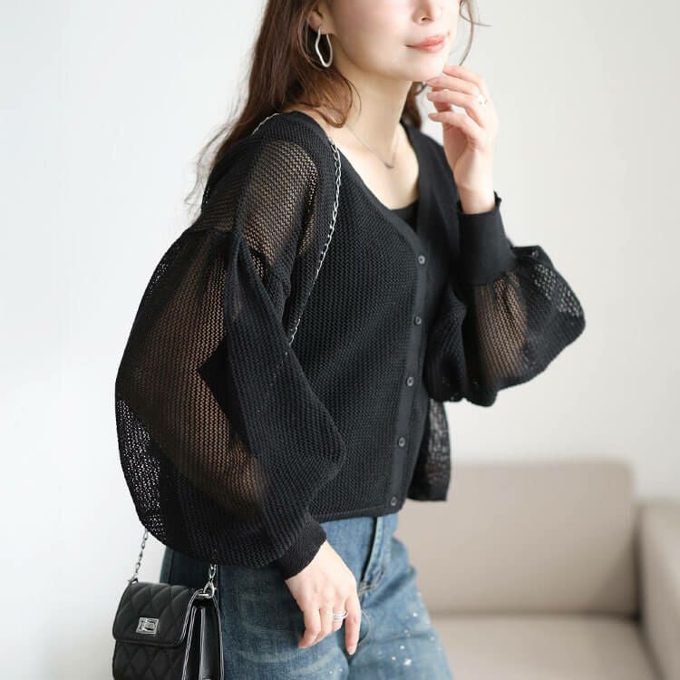 大きいサイズ レディース メッシュ編みボリューム袖ショート丈カーディガン　sum-0005