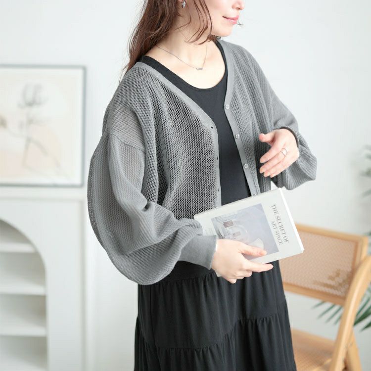 大きいサイズ レディース メッシュ編みボリューム袖ショート丈カーディガン　sum-0005