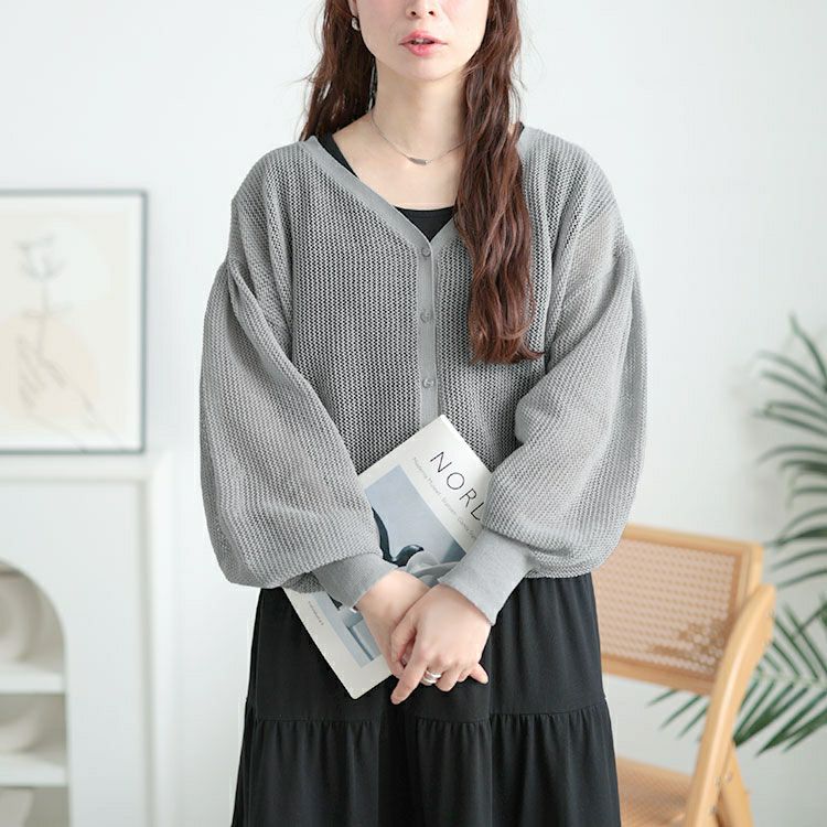 大きいサイズ レディース メッシュ編みボリューム袖ショート丈カーディガン　sum-0005