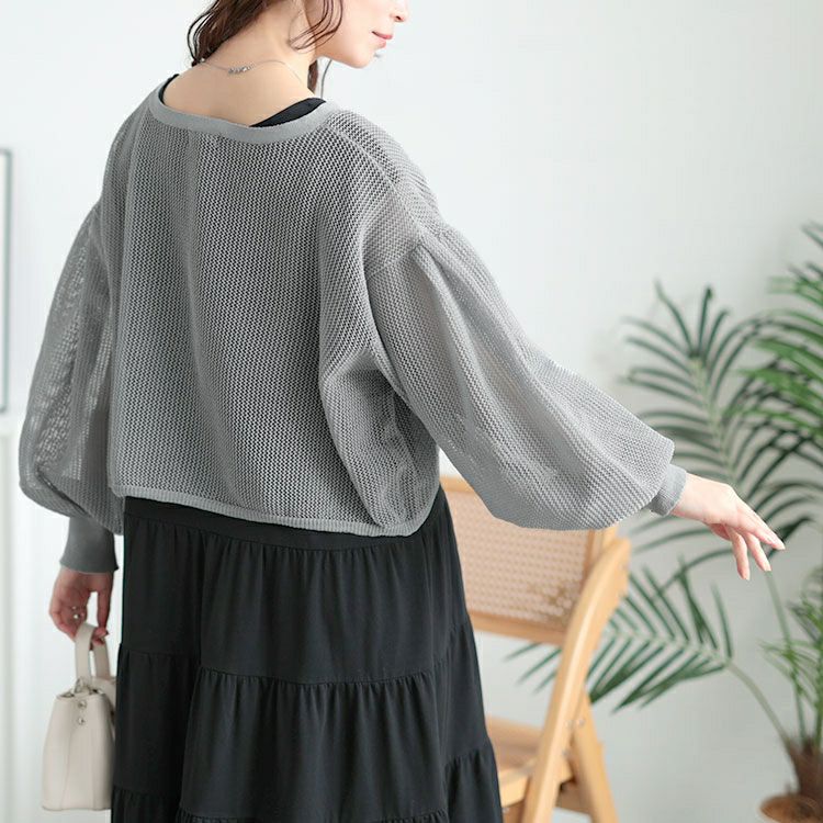 大きいサイズ レディース メッシュ編みボリューム袖ショート丈カーディガン　sum-0005