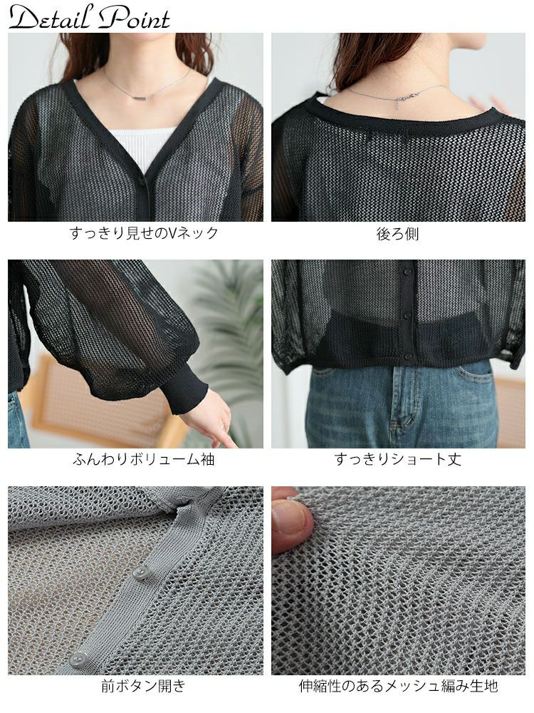 大きいサイズ レディース メッシュ編みボリューム袖ショート丈カーディガン　sum-0005